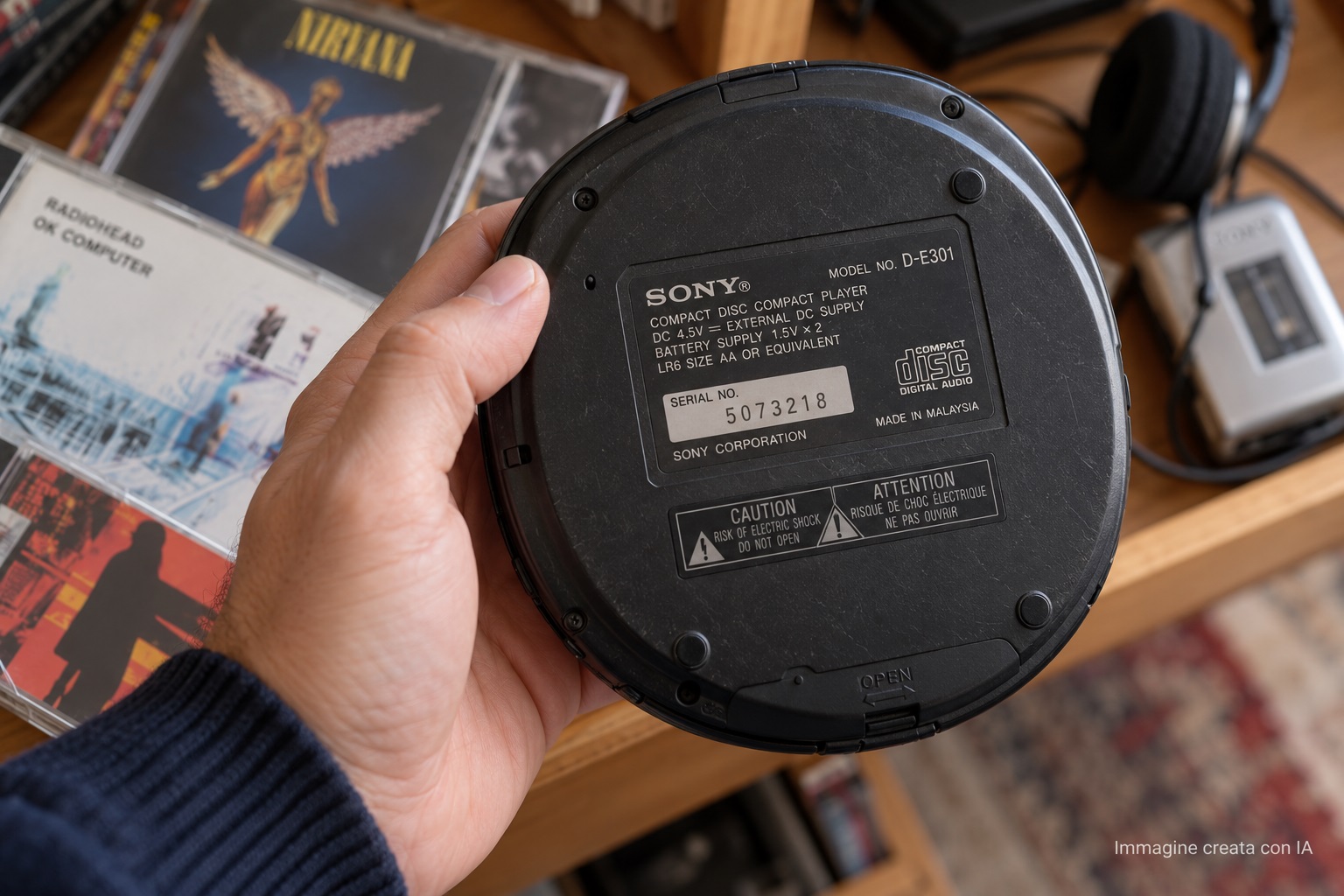 Vecchio lettore CD Sony Discman tenuto in mano mentre viene controllata la sigla del modello sul retro