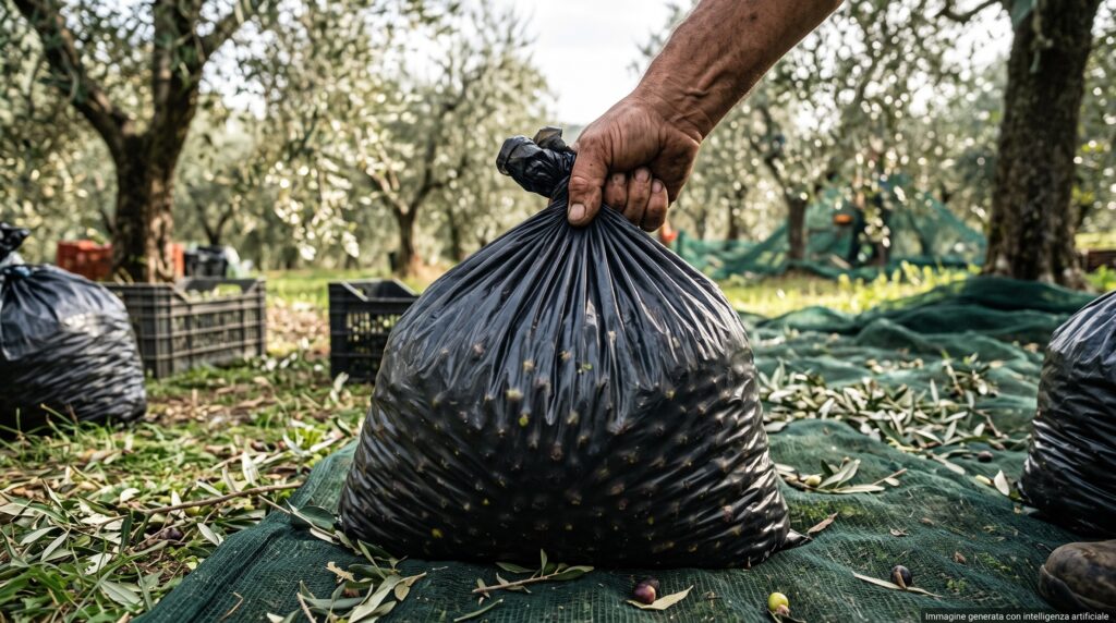 La mano di un contadino che solleva un grande sacco di plastica nero e chiuso, pieno di olive
