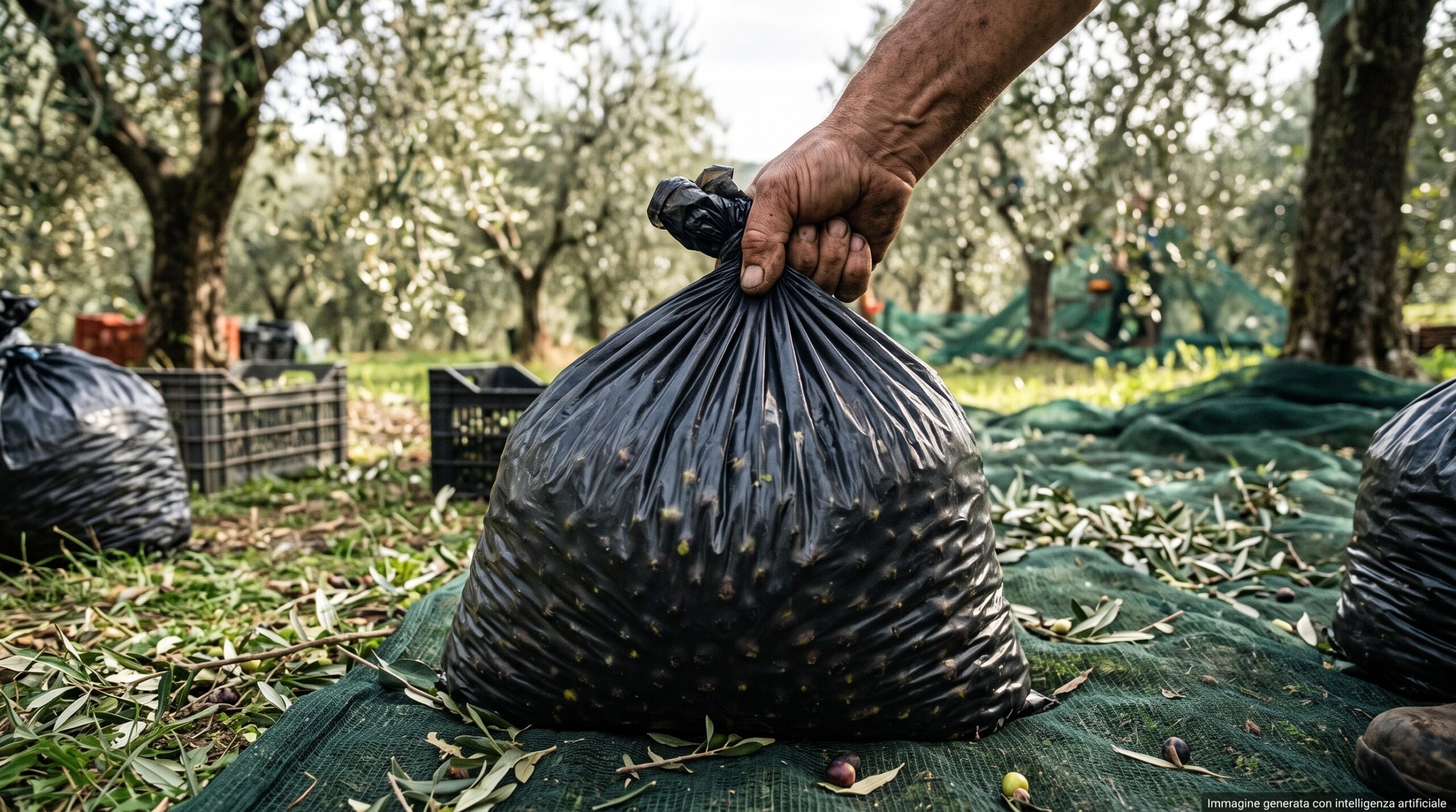 La mano di un contadino che solleva un grande sacco di plastica nero e chiuso, pieno di olive