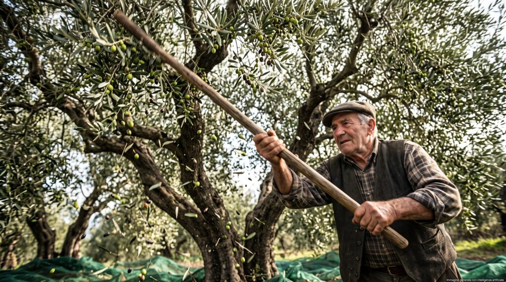 Un contadino anziano con un cappello che colpisce con forza i rami di un ulivo usando un lungo bastone di legno per far cadere le olive sulle reti