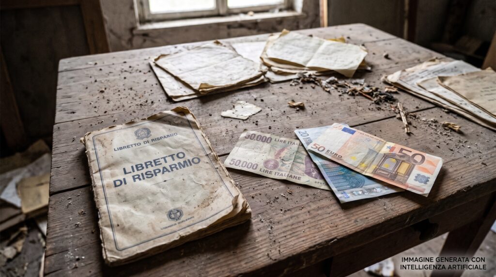 Un vecchio libretto di risparmio sgualcito e delle banconote impolverate