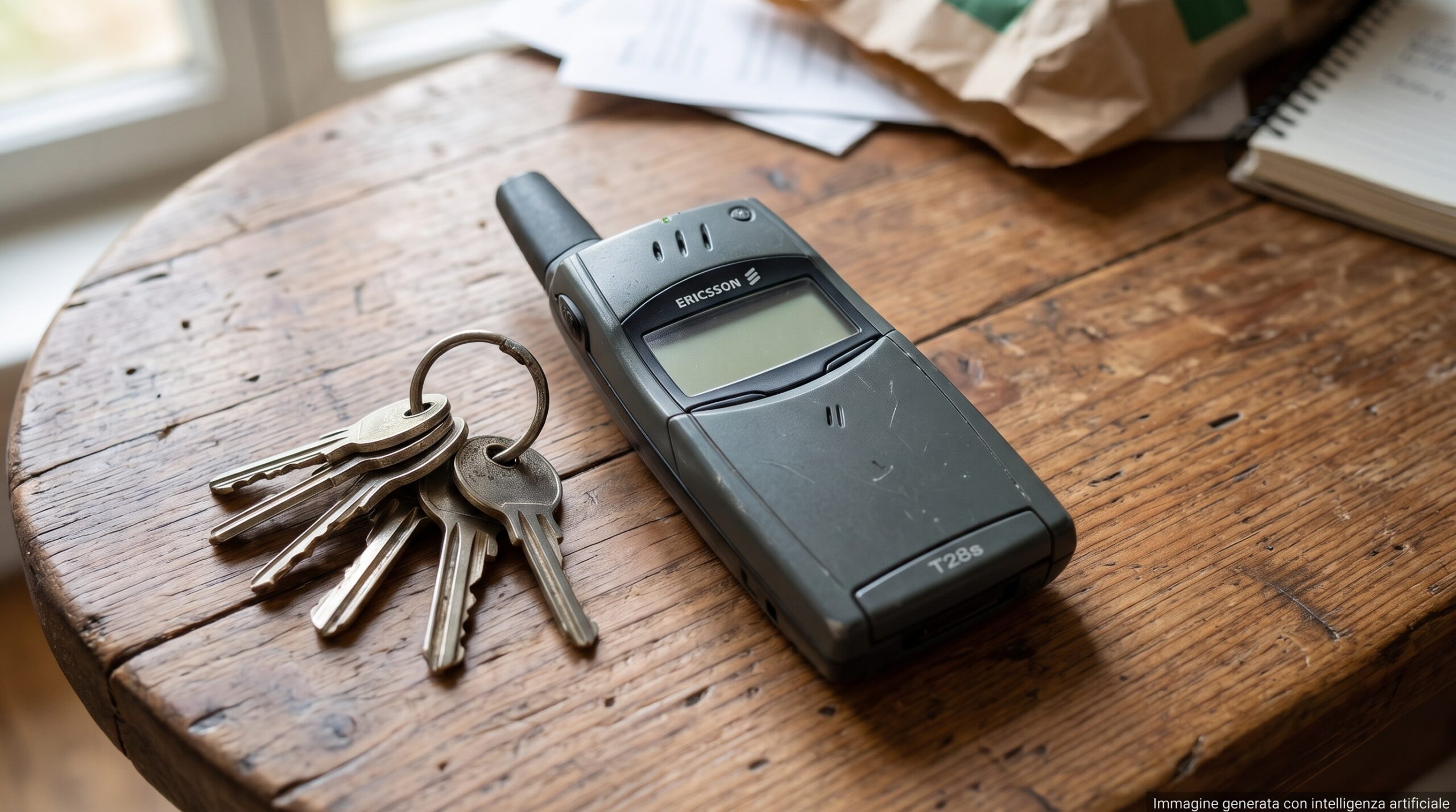 Ericsson T28 appoggiato su un tavolo di legno rustico