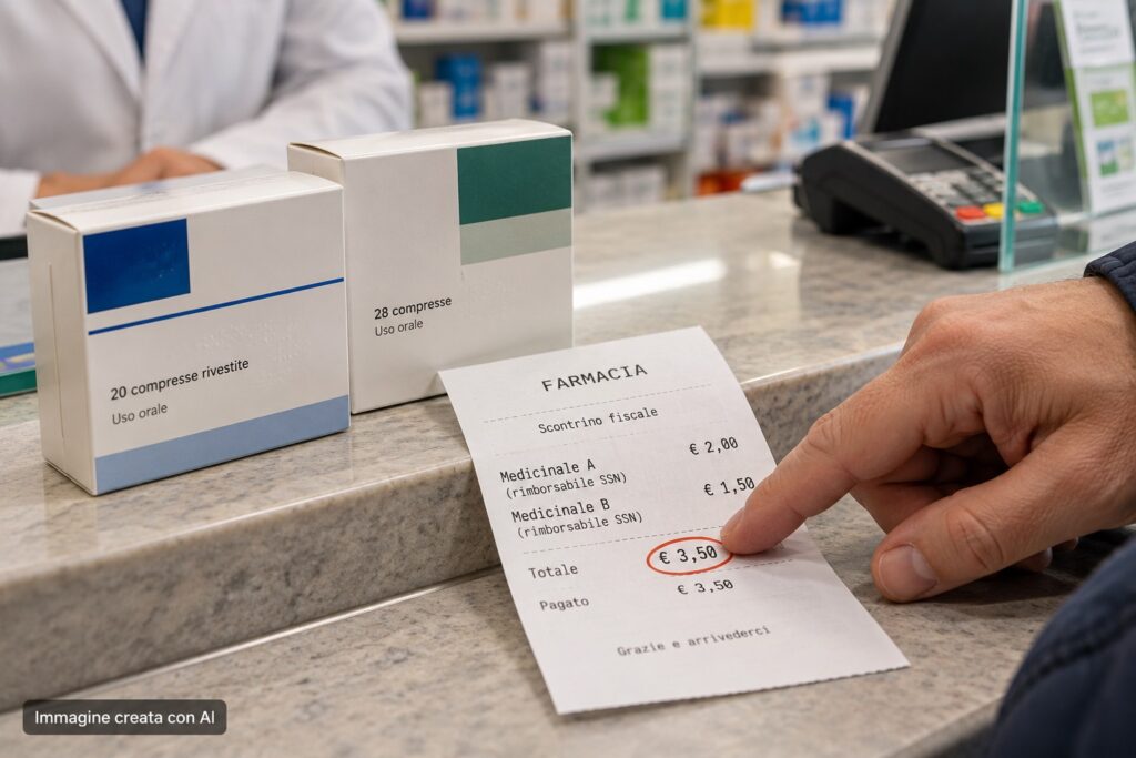 Farmaci mutuabili sul banco della farmacia con scontrino e differenza di prezzo indicata dal cliente
