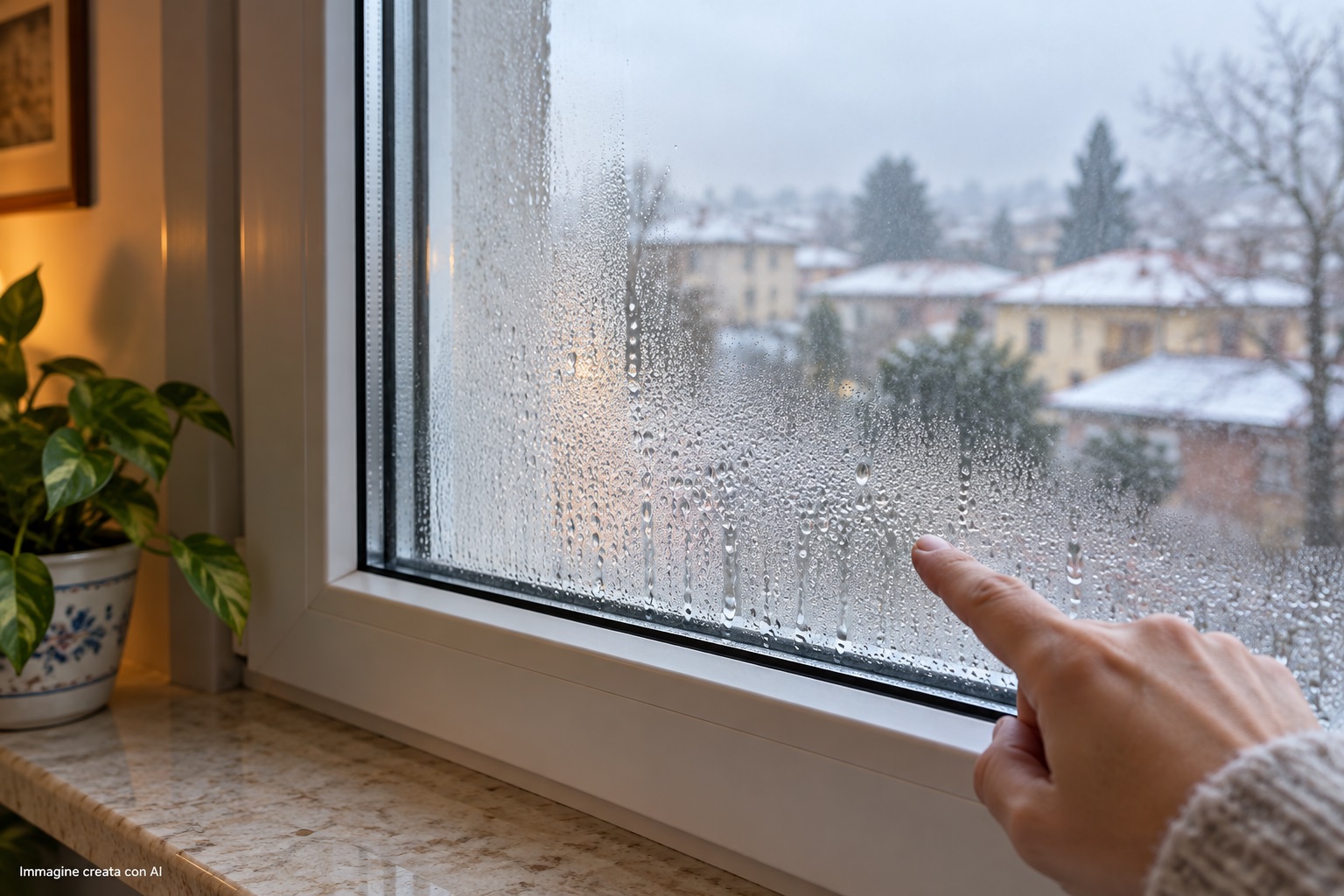 Finestra con doppi vetri coperti di condensa durante una mattina fredda