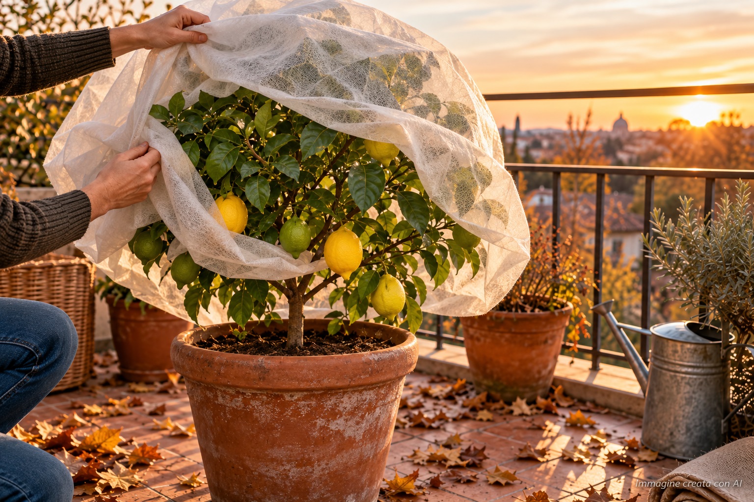 Limone coltivato in vaso su un balcone in autunno mentre viene preparato per proteggerlo dal freddo