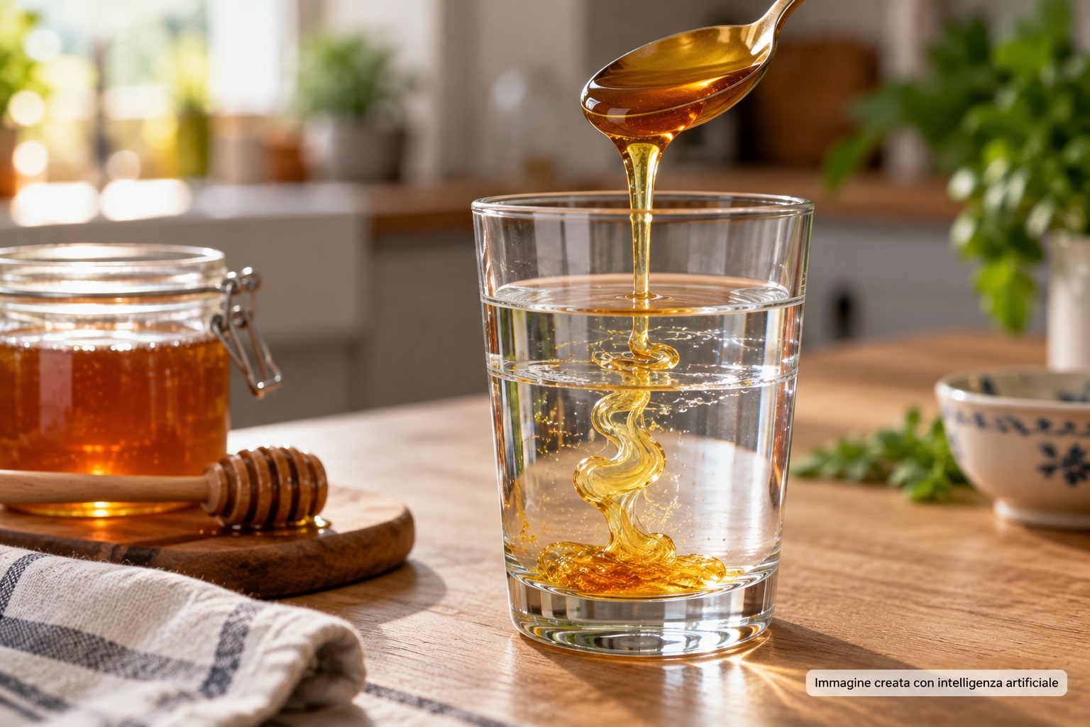 Cucchiaino di miele dorato versato in un bicchiere d'acqua trasparente