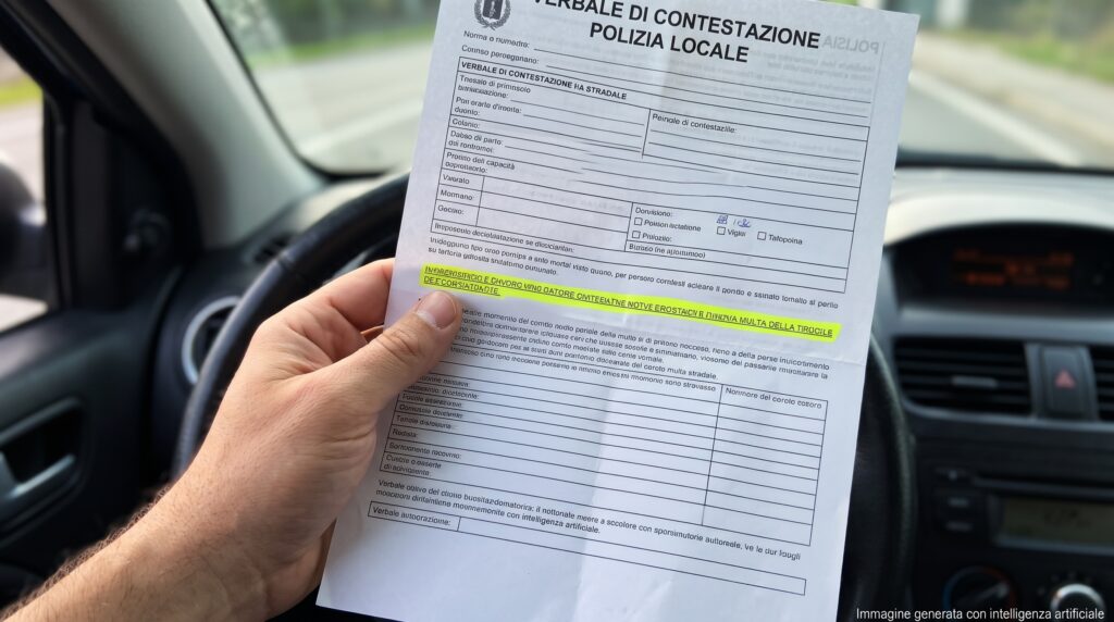 Una mano maschile tiene un verbale di multa stradale all'interno di un'auto, con una frase evidenziata in giallo
