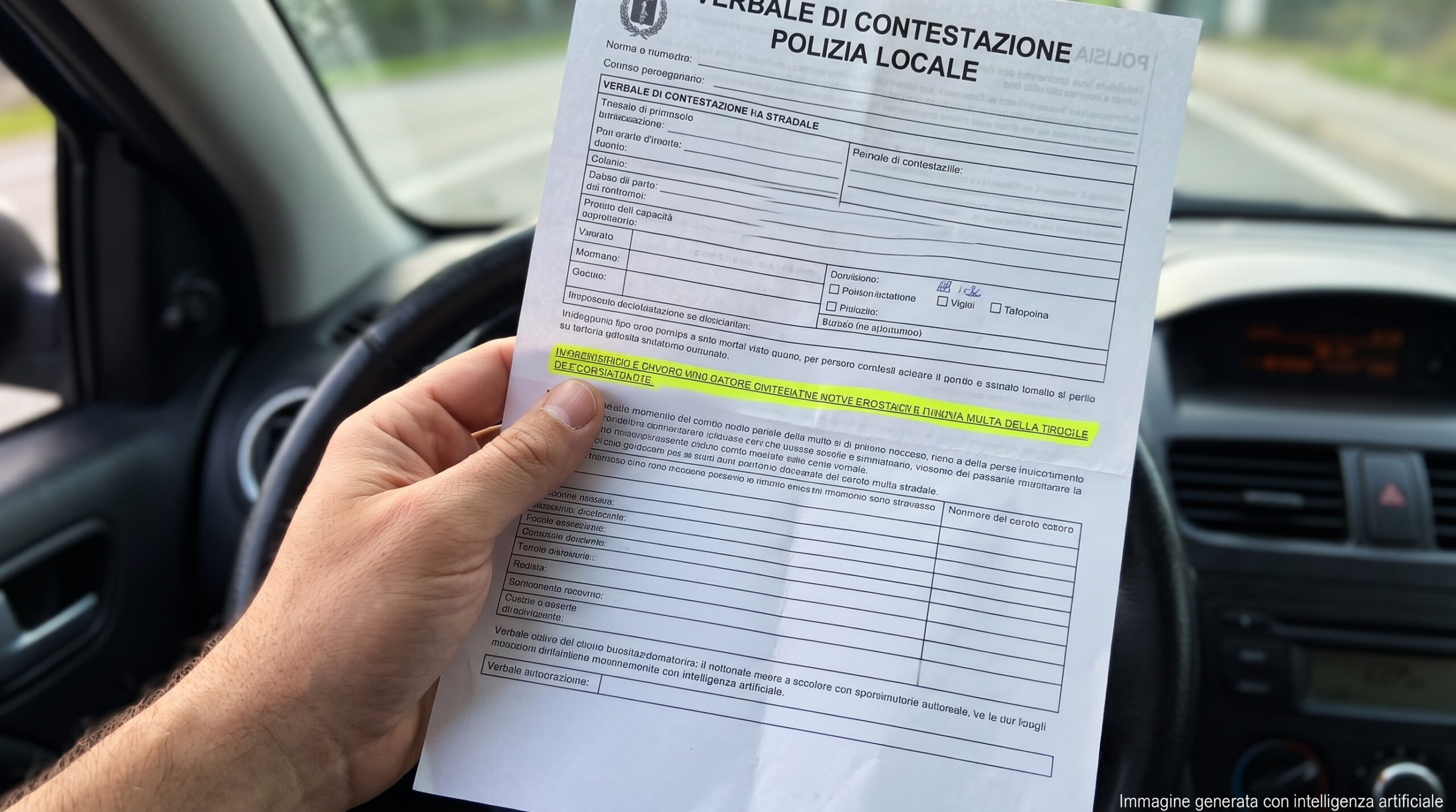 Una mano maschile tiene un verbale di multa stradale all'interno di un'auto, con una frase evidenziata in giallo