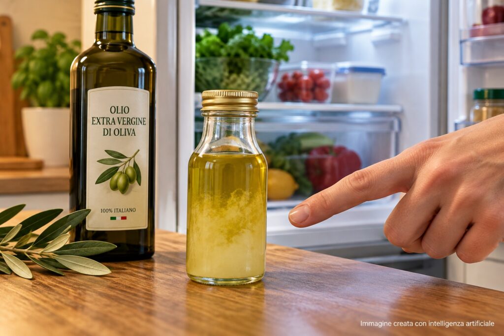 Bottiglietta di olio extravergine di oliva davanti al frigorifero aperto, con una mano che indica l'olio diventato torbido a causa del freddo.