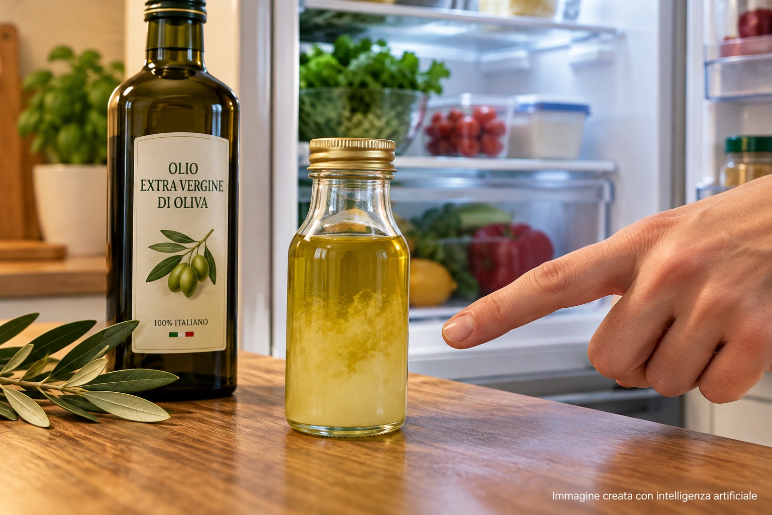 Bottiglietta di olio extravergine di oliva davanti al frigorifero aperto, con una mano che indica l'olio diventato torbido a causa del freddo.