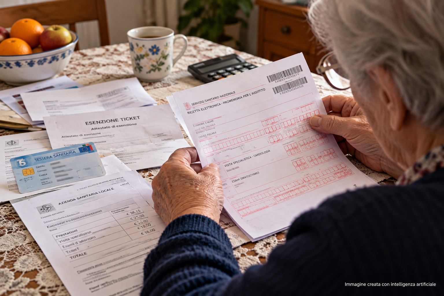 over 65 che controlla una ricetta medica e alcuni documenti sanitari per verificare l’esenzione dal ticket