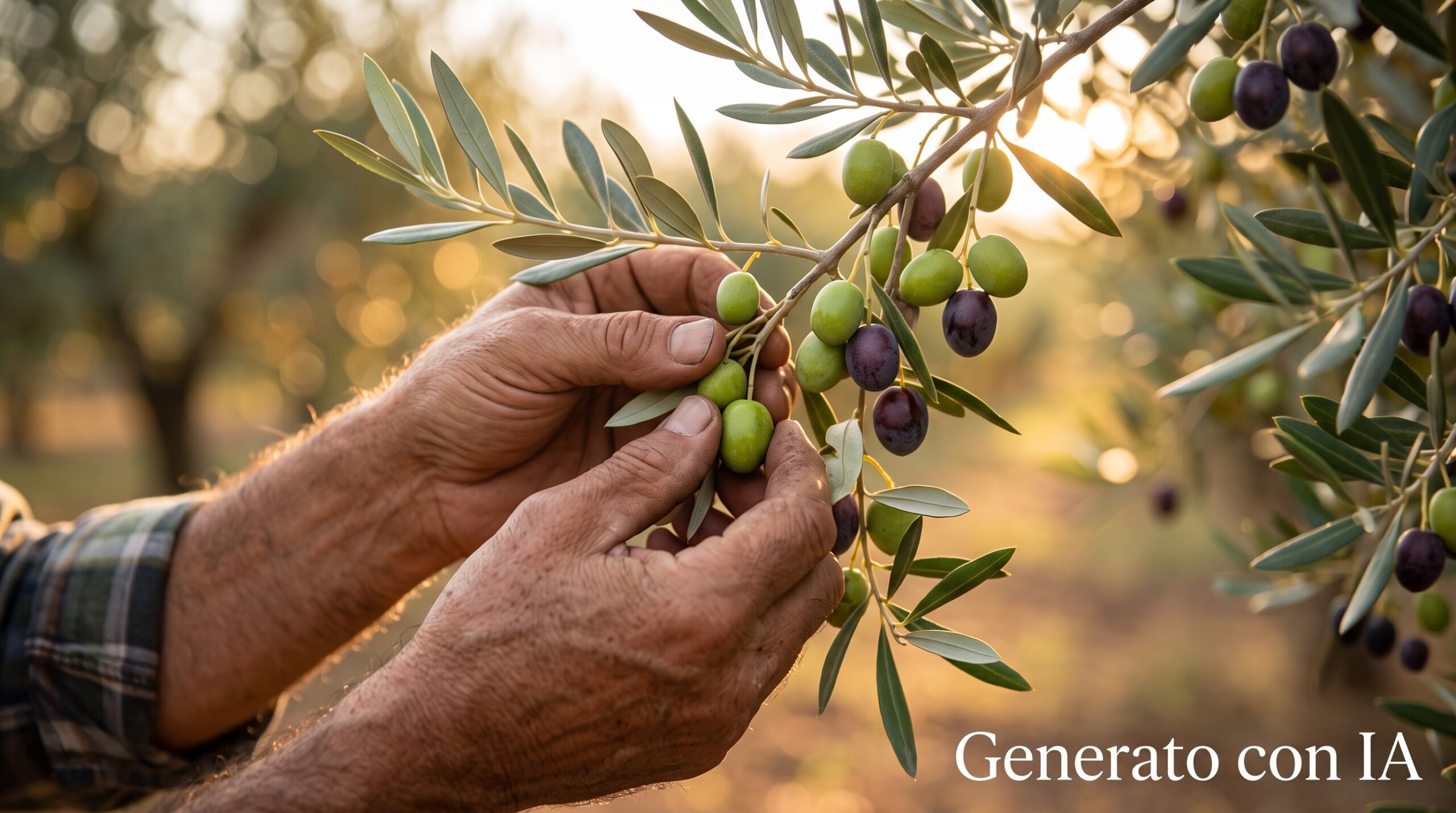 Mani di un agricoltore che raccolgono olive verdi e viola direttamente dal ramo