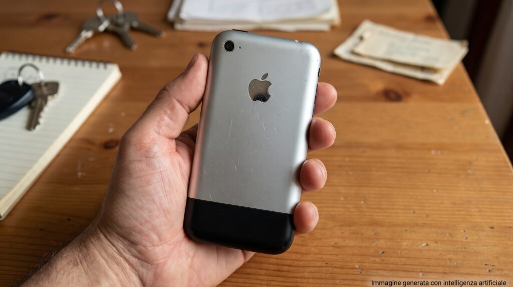 Vecchio primo modello di iphone del 2007 tenuto in mano da una persona
