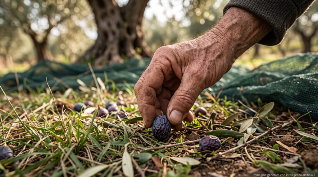 Una mano di un contadino che raccoglie un'oliva scura e raggrinzita caduta sull'erba sotto un ulivo