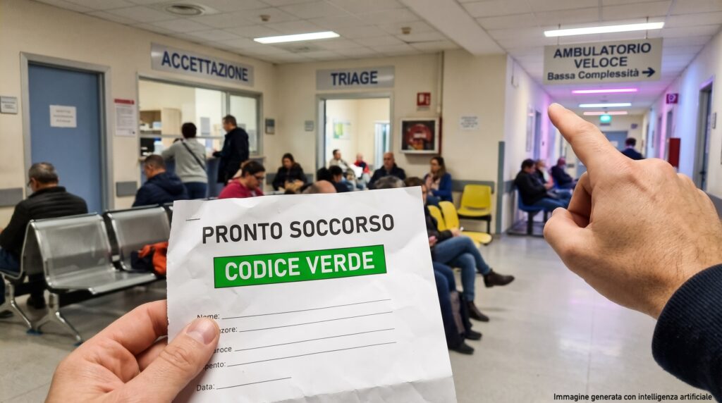 Un paziente in sala d'aspetto ospedaliera tiene in mano il foglio del codice verde e indica un cartello per l'ambulatorio veloce