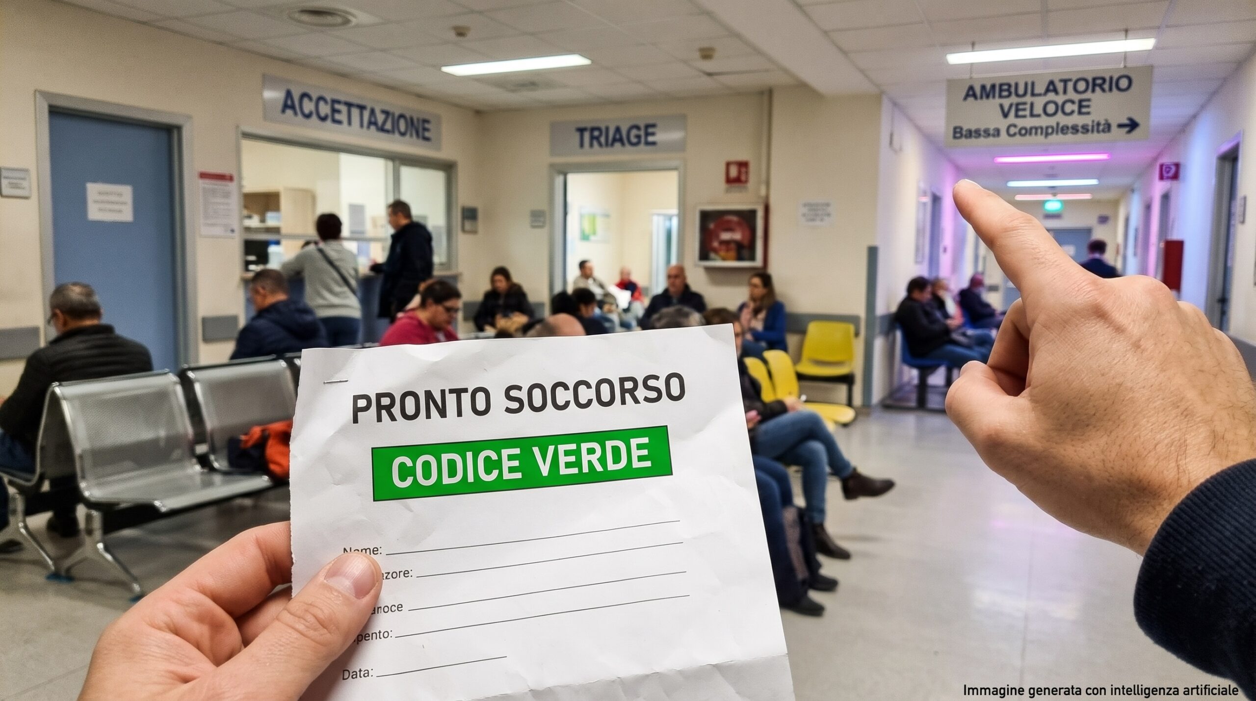 Un paziente in sala d'aspetto ospedaliera tiene in mano il foglio del codice verde e indica un cartello per l'ambulatorio veloce
