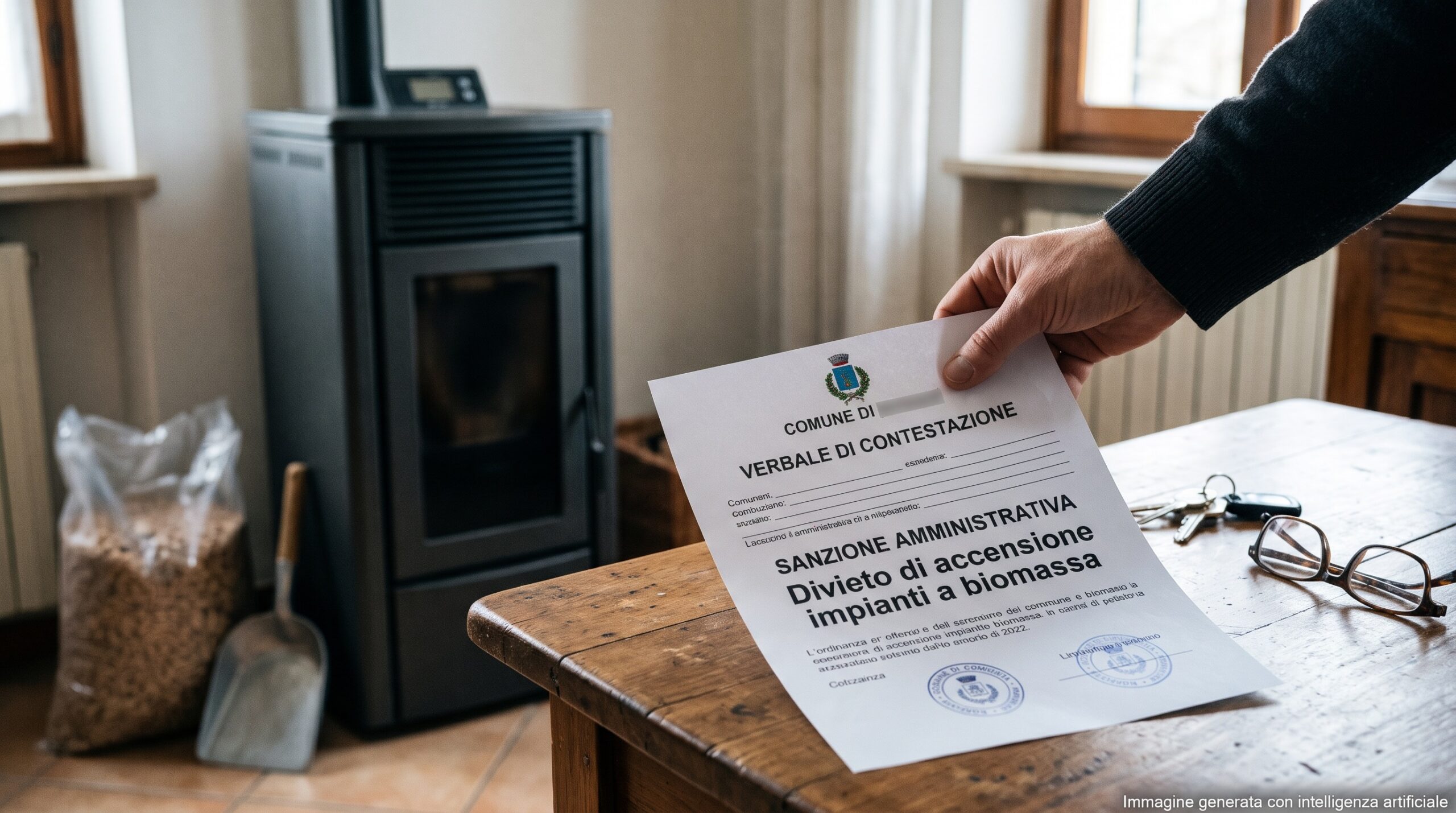 Una mano appoggia una multa per divieto di accensione su un tavolo vicino a una stufa a pellet spenta.