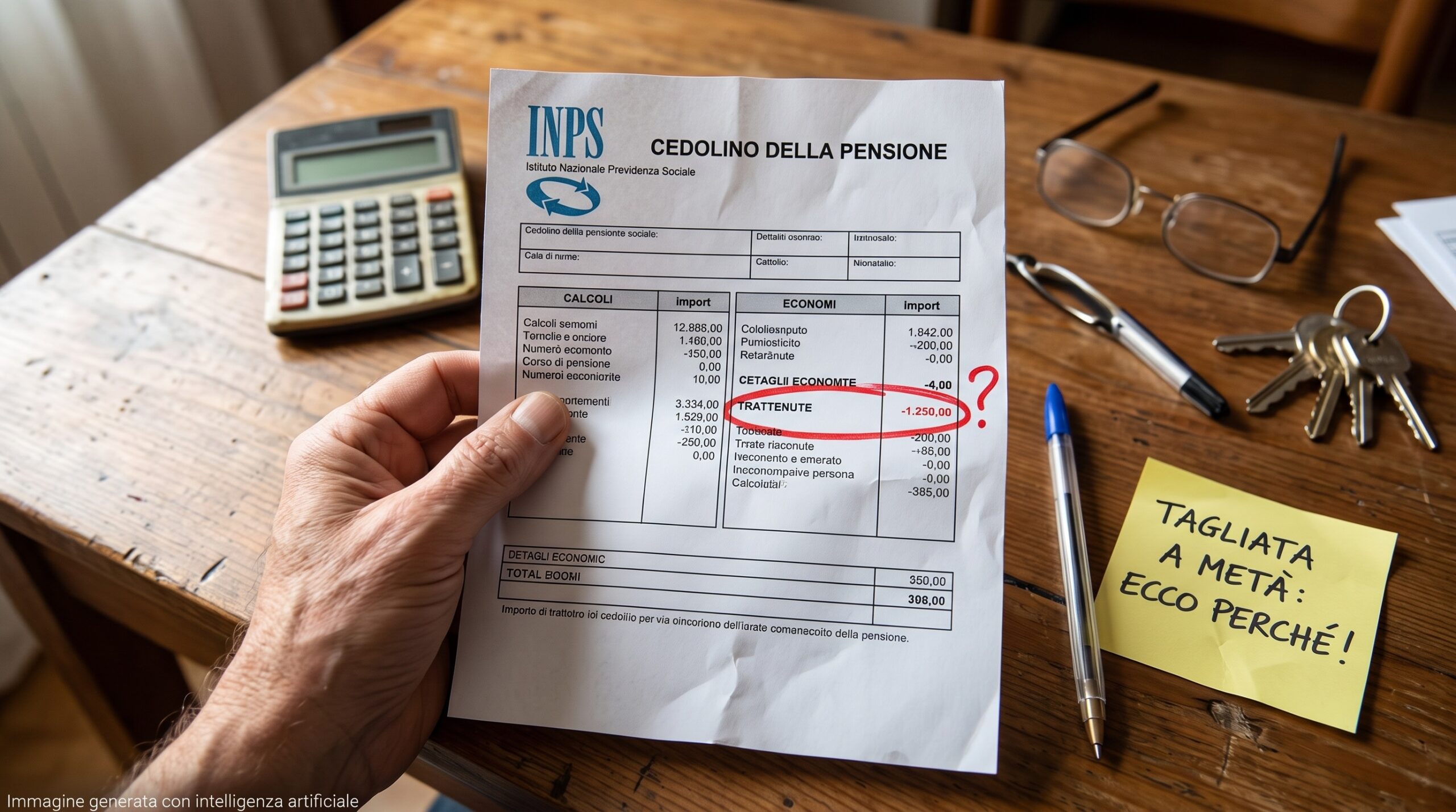 Una mano che tiene un cedolino della pensione Inps con la voce delle trattenute