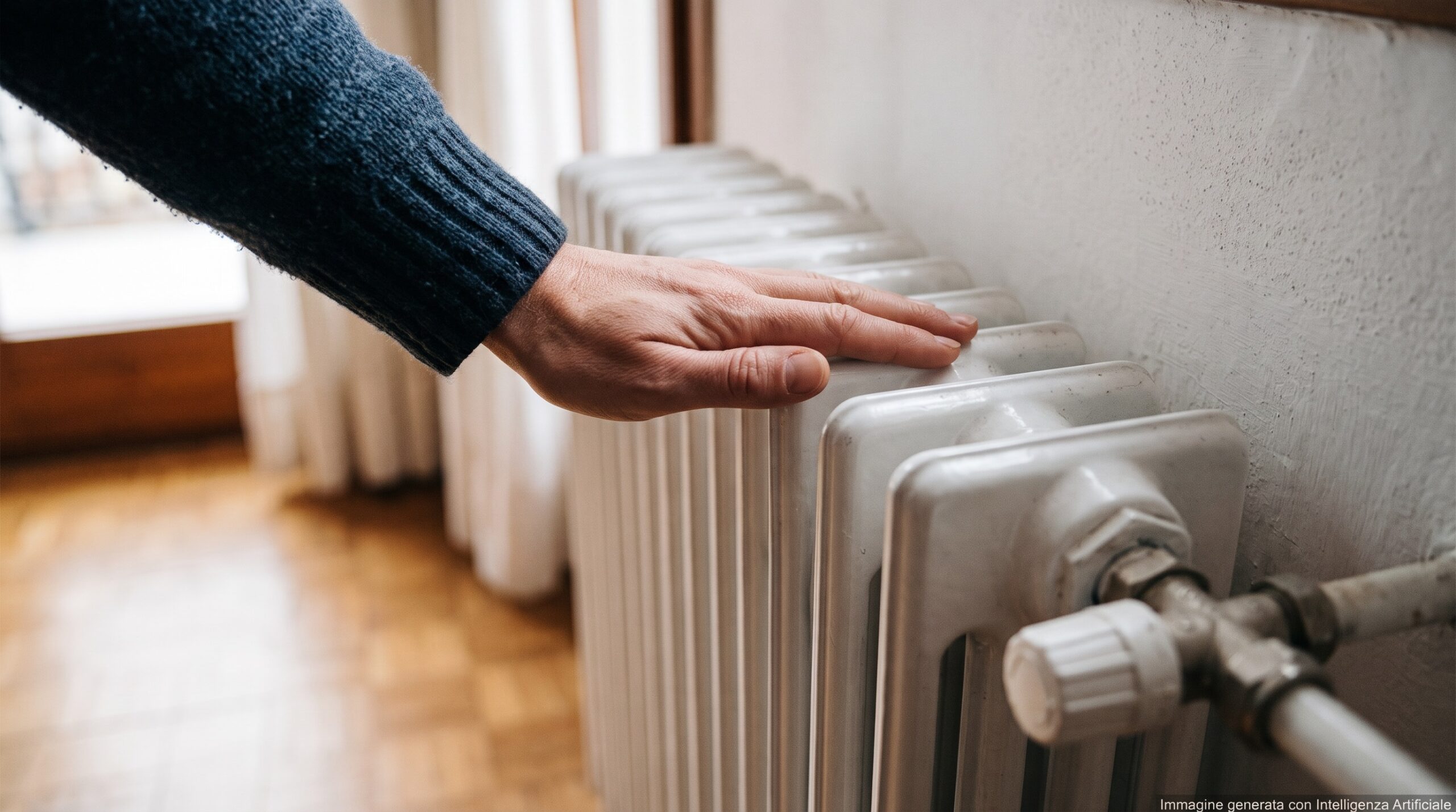 Una mano che tocca con cura la superficie di un termosifone bianco in casa per controllare la temperatura